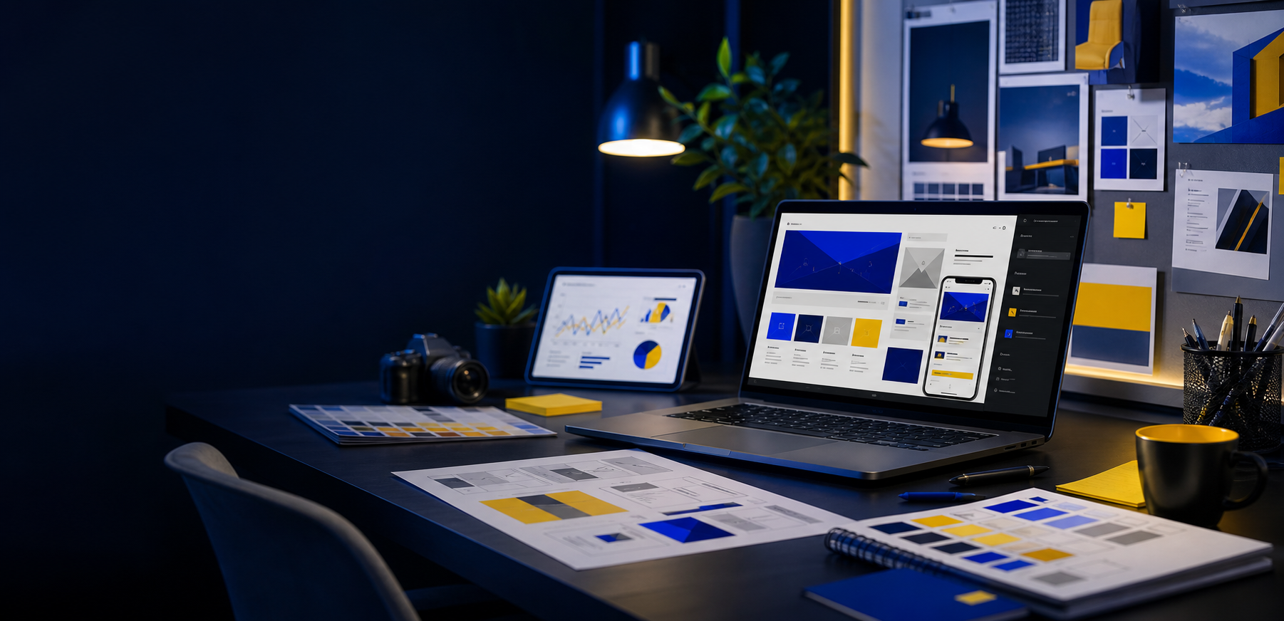 Mesa creativa con interfaces web, analítica y recursos de marketing digital